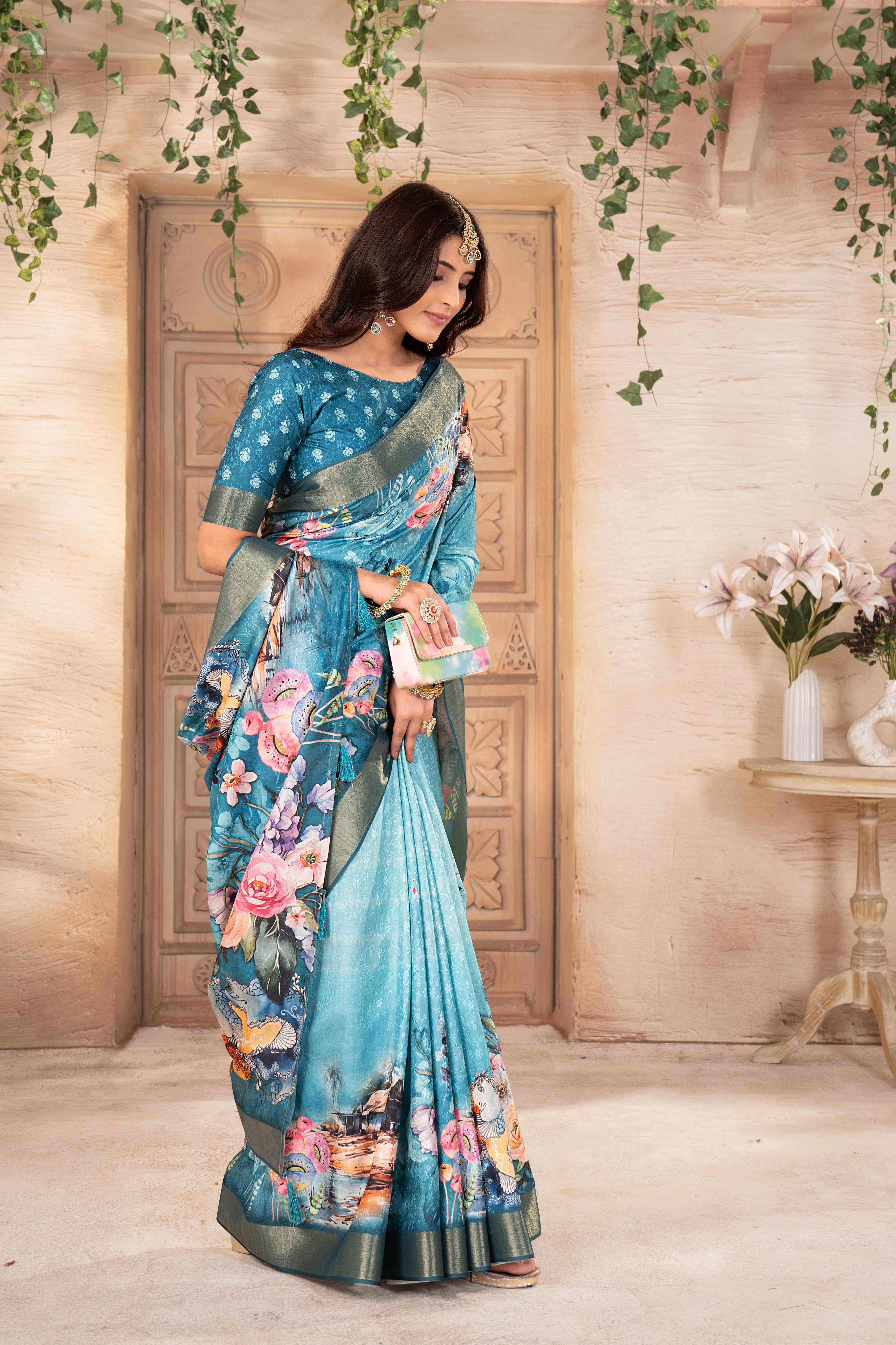 Rama Blue Tussar Silk Floral Saree